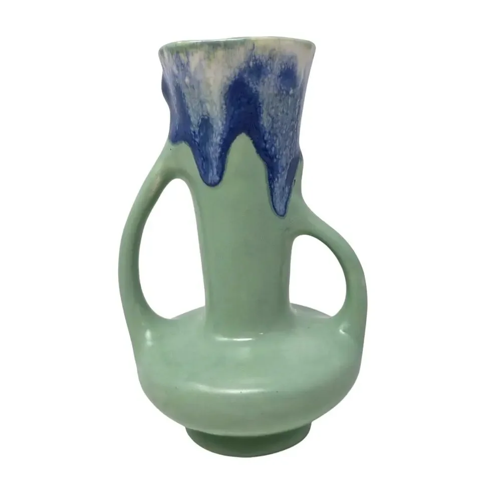 Vintage Double Handle Vase Mint Green Blue Drip Glaze Art Pottery 6.5